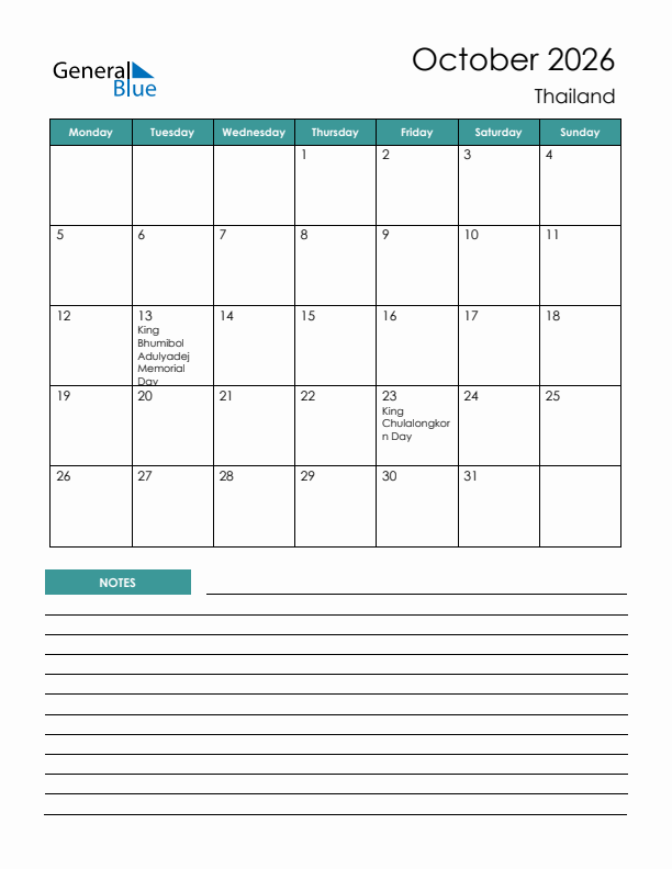 Calendar with Notes Printable - Monday Start