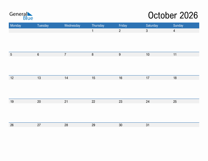 October 2026 Monday Start Calendar PDF Excel Word 