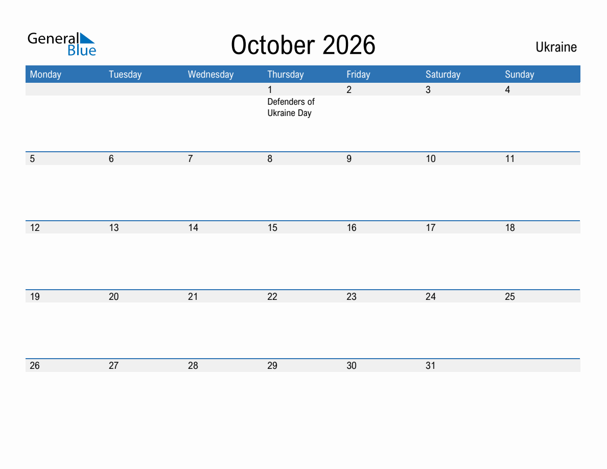 Editable October 2026 Calendar with Ukraine Holidays