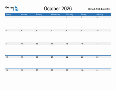 Current month calendar with United Arab Emirates holidays for October 2026