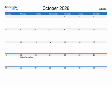 Current month calendar with Albania holidays for October 2026