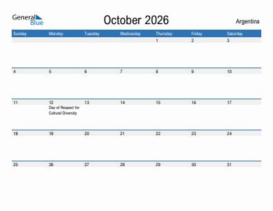 Current month calendar with Argentina holidays for October 2026