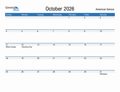 Current month calendar with American Samoa holidays for October 2026