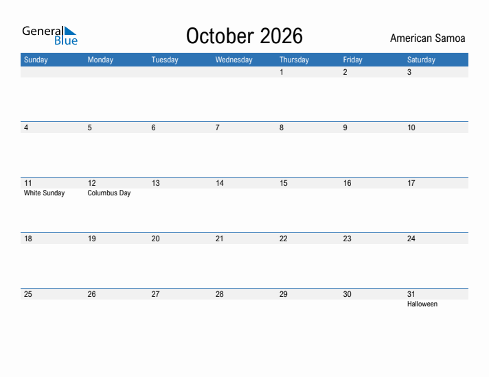 Fillable October 2026 Calendar