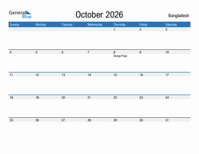 Current month calendar with Bangladesh holidays for October 2026