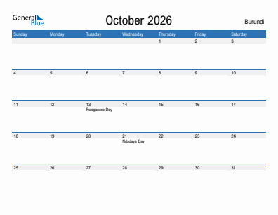 Current month calendar with Burundi holidays for October 2026