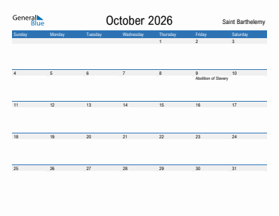 Current month calendar with Saint Barthelemy holidays for October 2026