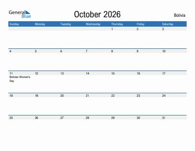 Current month calendar with Bolivia holidays for October 2026