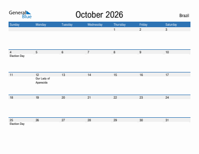 Current month calendar with Brazil holidays for October 2026
