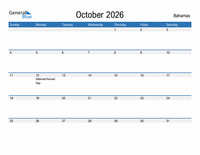 Current month calendar with Bahamas holidays for October 2026