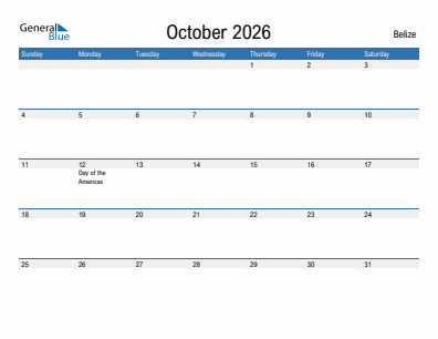 Current month calendar with Belize holidays for October 2026