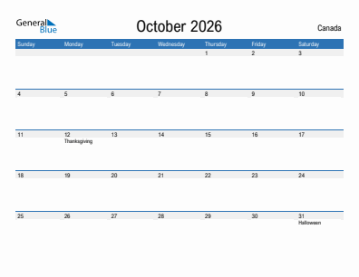 Current month calendar with Canada holidays for October 2026