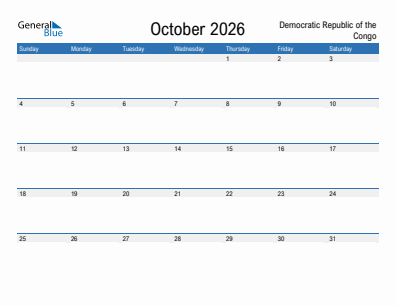 Current month calendar with Democratic Republic of the Congo holidays for October 2026