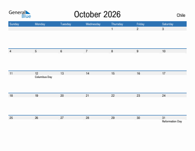 Current month calendar with Chile holidays for October 2026