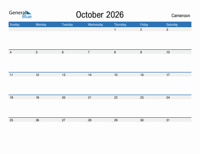 Current month calendar with Cameroon holidays for October 2026