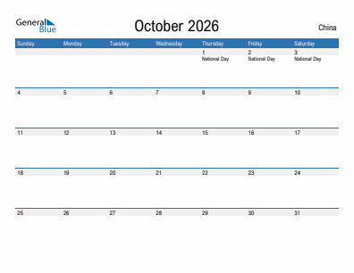 Current month calendar with China holidays for October 2026