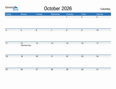 Current month calendar with Colombia holidays for October 2026