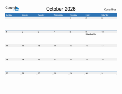 Current month calendar with Costa Rica holidays for October 2026