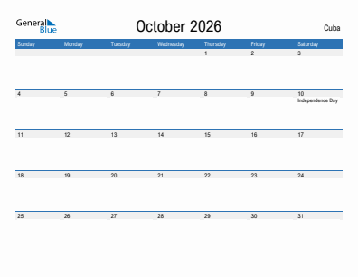 Current month calendar with Cuba holidays for October 2026