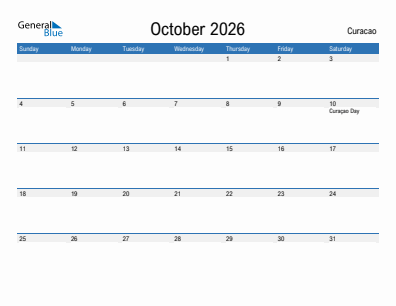 Current month calendar with Curacao holidays for October 2026
