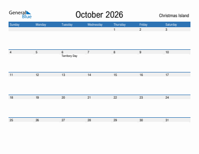 Current month calendar with Christmas Island holidays for October 2026