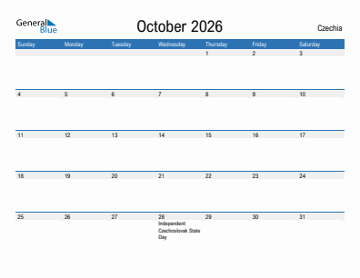 Current month calendar with Czechia holidays for October 2026
