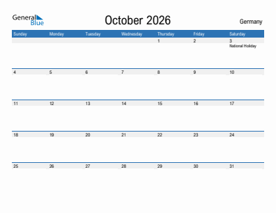 Current month calendar with Germany holidays for October 2026