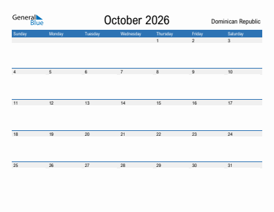 Current month calendar with Dominican Republic holidays for October 2026