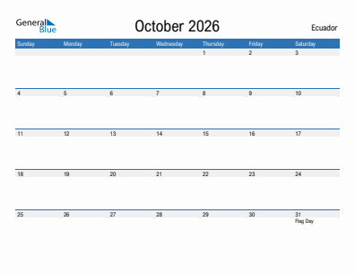 Current month calendar with Ecuador holidays for October 2026
