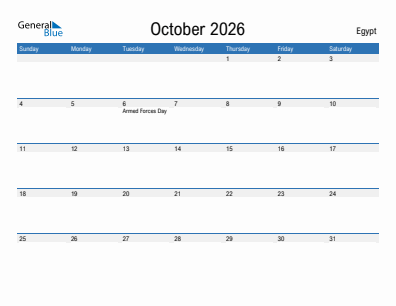 Current month calendar with Egypt holidays for October 2026