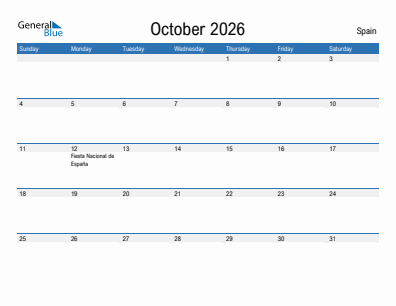 Current month calendar with Spain holidays for October 2026