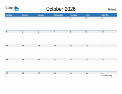 Current month calendar with Finland holidays for October 2026