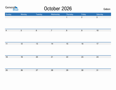 Current month calendar with Gabon holidays for October 2026