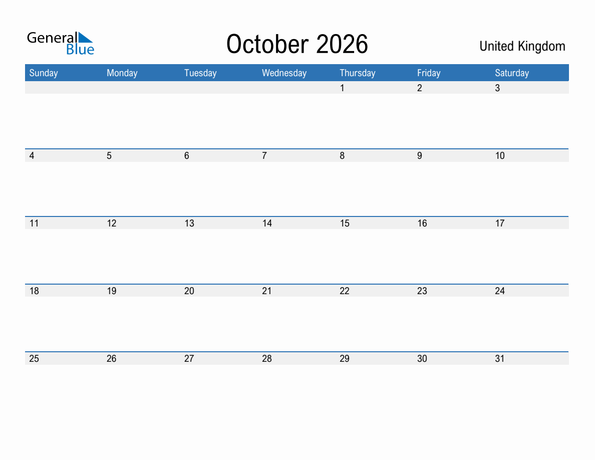 October 2026 Monthly Calendars with United Kingdom Holidays