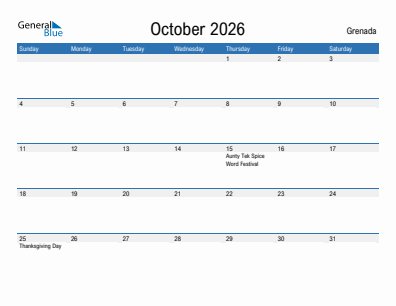 Current month calendar with Grenada holidays for October 2026