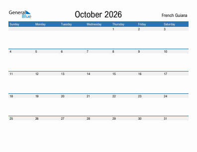 Current month calendar with French Guiana holidays for October 2026
