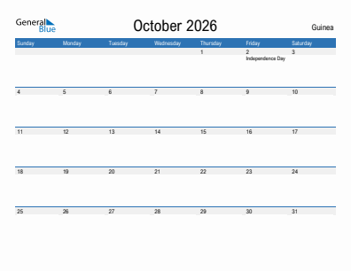 Current month calendar with Guinea holidays for October 2026