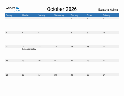 Current month calendar with Equatorial Guinea holidays for October 2026