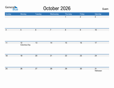 Current month calendar with Guam holidays for October 2026