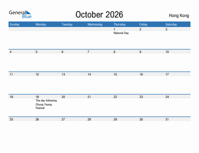 Current month calendar with Hong Kong holidays for October 2026