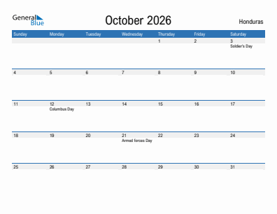 Current month calendar with Honduras holidays for October 2026