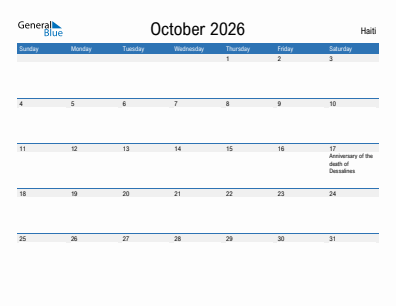Current month calendar with Haiti holidays for October 2026