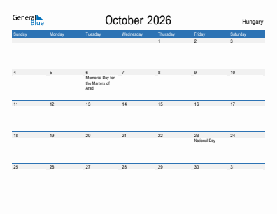 Current month calendar with Hungary holidays for October 2026