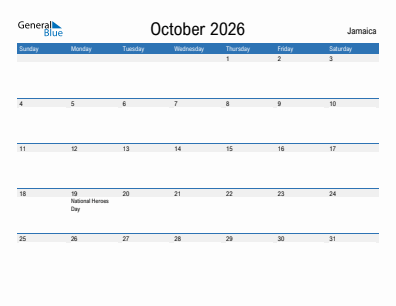 Current month calendar with Jamaica holidays for October 2026