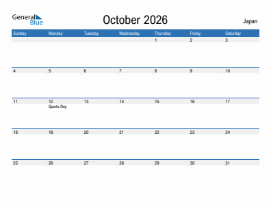 Current month calendar with Japan holidays for October 2026