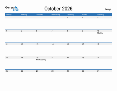 Current month calendar with Kenya holidays for October 2026