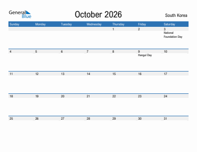 Current month calendar with South Korea holidays for October 2026