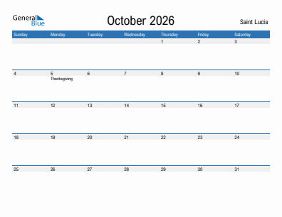 Current month calendar with Saint Lucia holidays for October 2026