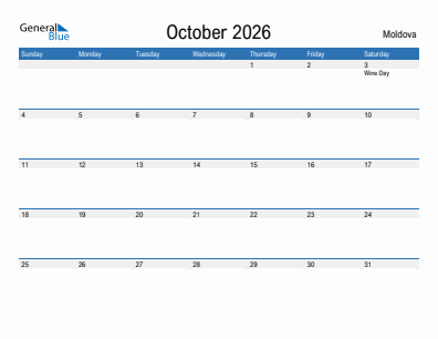 Current month calendar with Moldova holidays for October 2026