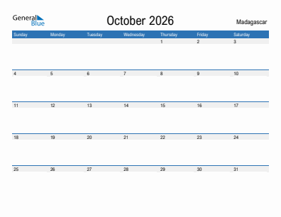 Current month calendar with Madagascar holidays for October 2026